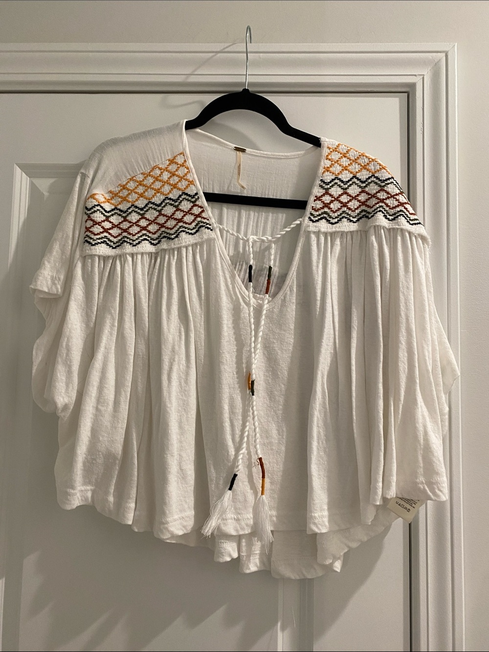 Free People White Boho Peasant Top with Multicolor Embroidery